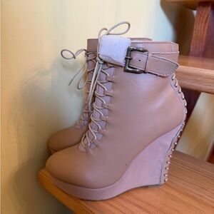 Womens Lace-Up Wedge Booties in Nude